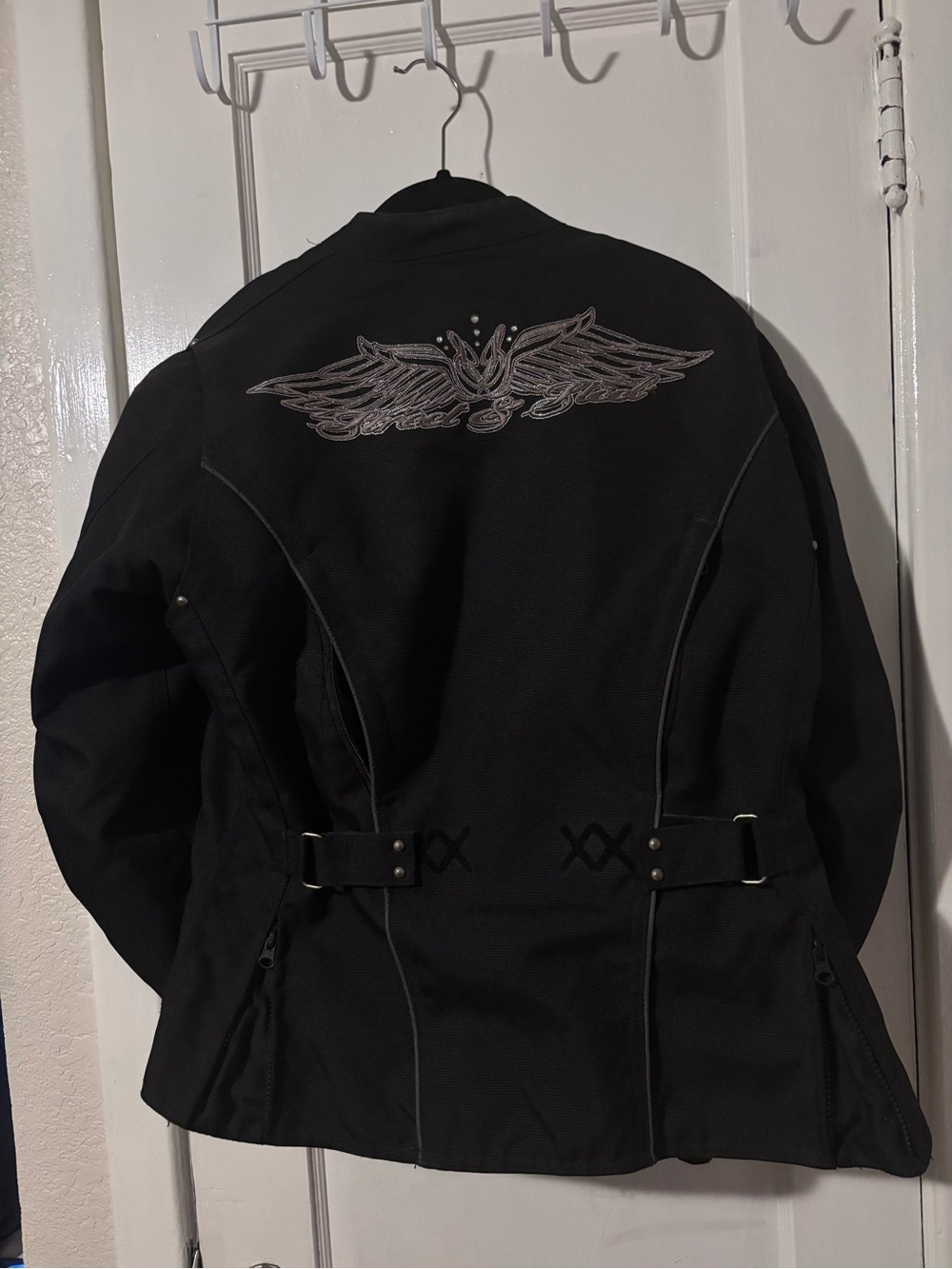 Women's Motorcycle Jacket with Embroidered Wing Detail